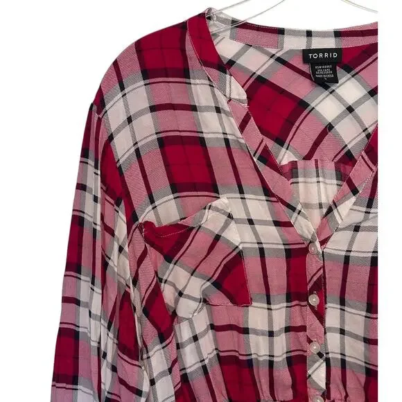 Torrid Emma Tunic Womens 3X Red Pink Plaid Babydoll Challis Button-Front Top - Picture 3 of 10